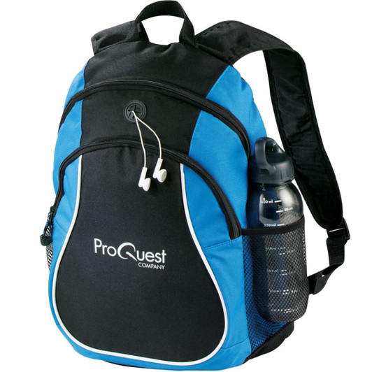 A blue and black backpack with a logo, featuring a side mesh pocket holding a drink bottle.