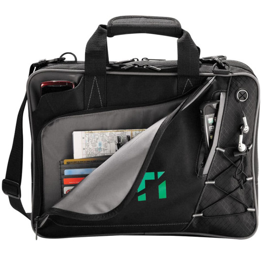 A black laptop bag with grey interior, featuring multiple pockets and a logo. It has handles and a shoulder strap.
