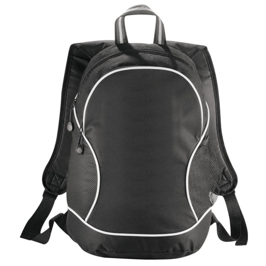 A black backpack with mesh side pockets and white trim, featuring padded shoulder straps and a branding logo.