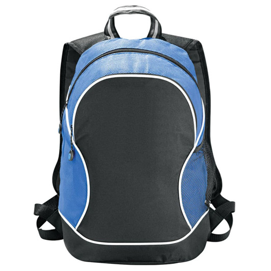 A blue and black backpack featuring a central zip pocket, mesh side pockets, and a logo.