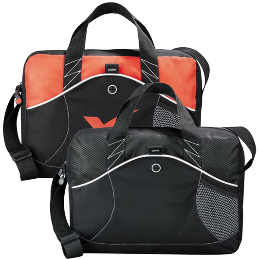 A laptop bag with a black and orange design, featuring two handles and a detachable shoulder strap. It has branding on the front.