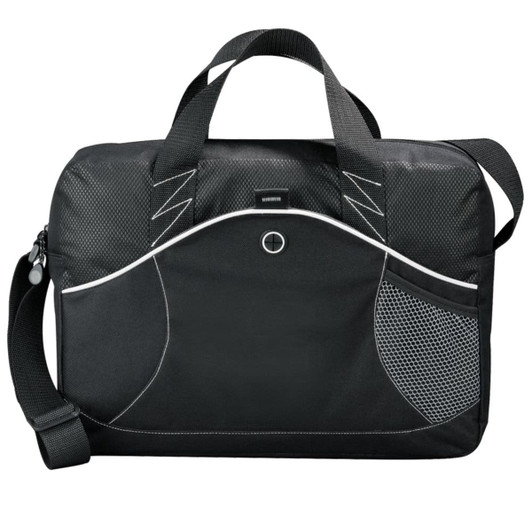 A black laptop bag with mesh detailing, featuring handles and a shoulder strap, plus a logo.