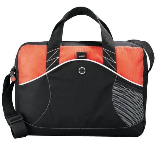 A laptop bag featuring a black body with vibrant orange accents, mesh detailing, and an adjustable shoulder strap.