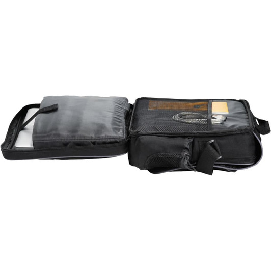 A black laptop bag with multiple compartments, including a padded section and a mesh pocket for accessories.