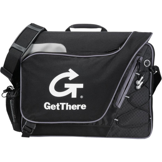 A black laptop bag with a shoulder strap, featuring a logo and various compartments for storage.