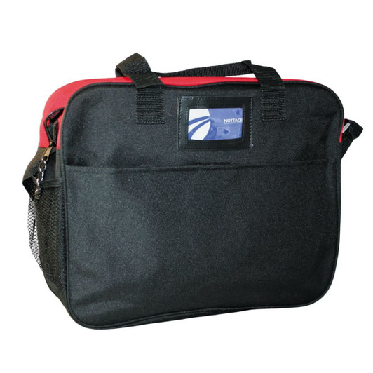 A black and red business briefcase with a mesh pocket and a logo on the front. Suitable for laptops.
