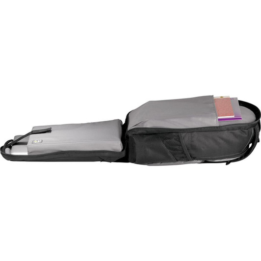 A black and grey checkpoint-friendly backpack with compartments for a laptop and documents. It features a logo.
