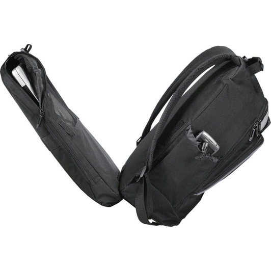 A black laptop backpack with multiple compartments and a branding logo, designed for carrying a 15-inch computer.