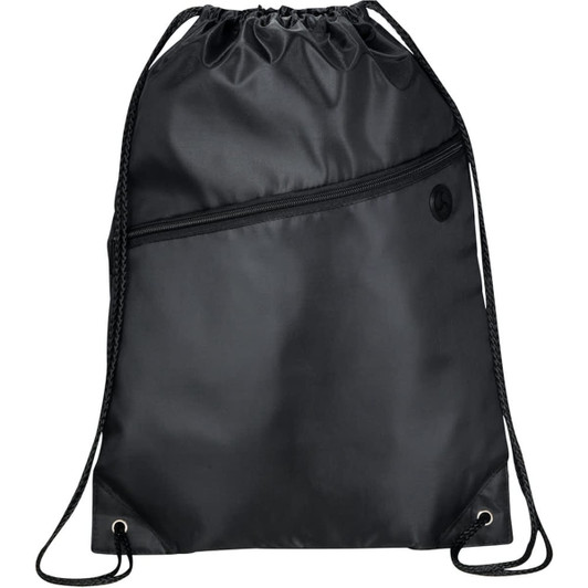 A black drawstring bag featuring a front zip pocket and a logo. The bag has adjustable string straps for carrying.