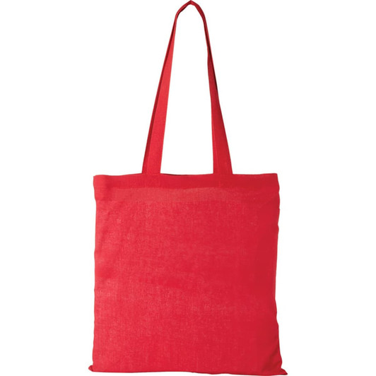A red canvas tote bag with two handles and a plain design, featuring a logo.
