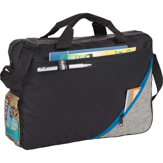 A black laptop bag with a grey side panel, featuring handles, an adjustable strap, and a mesh pocket.