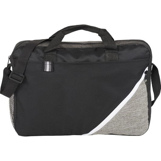 A black and grey laptop bag with a shoulder strap and a mesh side pocket, featuring a logo.
