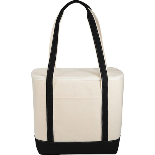 A cooler bag with a cream body and black accents, featuring two sturdy straps for carrying.