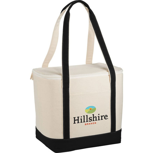 A cooler bag in cream and black with sturdy handles and a logo on the front.