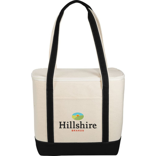 A cooler bag in cream and black, featuring two handles and a logo on the front.