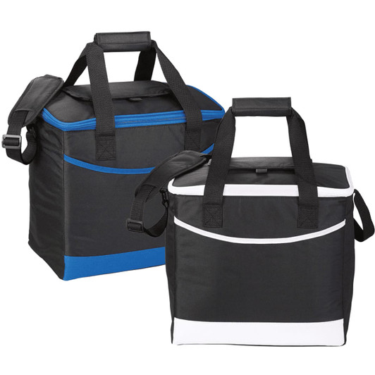 A black cooler bag featuring blue and white accents, with dual handles and an adjustable shoulder strap.
