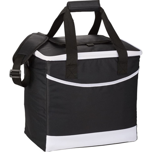 A black cooler bag with a white trim, featuring handles and a detachable shoulder strap.
