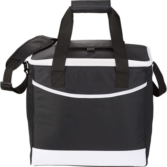 A black and white cooler bag with a zippered top, carrying handles, and an adjustable shoulder strap.