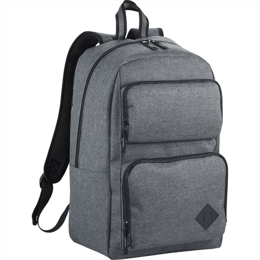 A grey computer backpack featuring multiple compartments and a logo, designed for convenience and style.