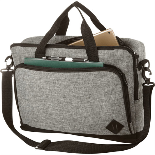 A grey laptop briefcase with a shoulder strap and multiple pockets, including a pen holder on the front.