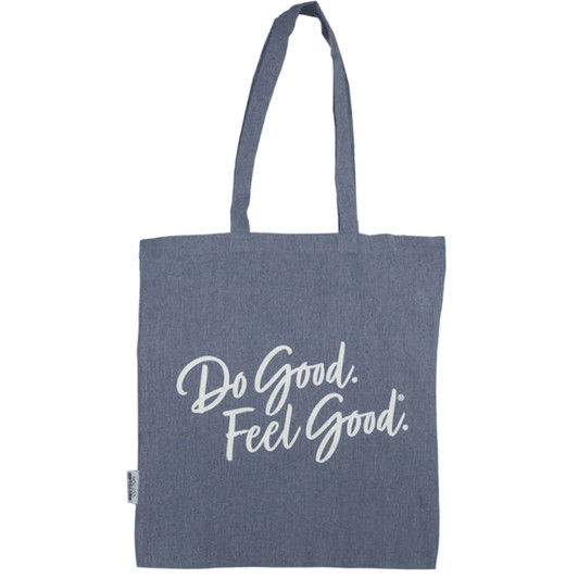A blue recycled cotton twill tote bag with a white logo and text design.