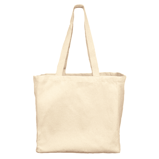 A cream-coloured reusable grocery bag with two sturdy handles and a simple design. It features a logo on one side.