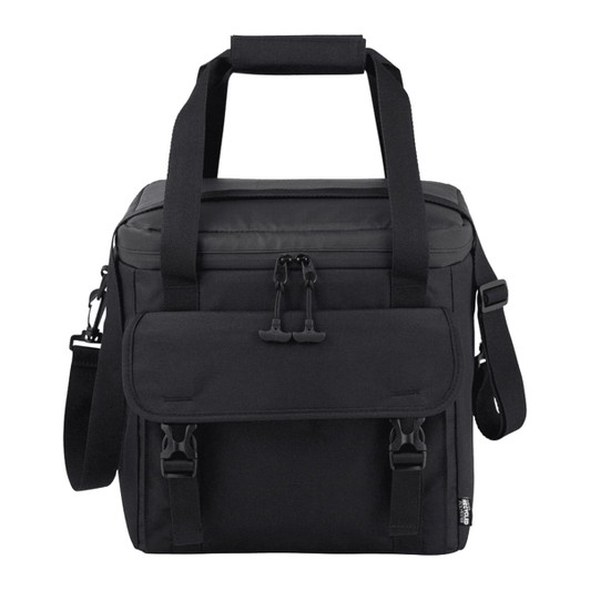 A black cooler bag with carrying handles, shoulder strap, and a front flap featuring buckles. It has a logo on it.