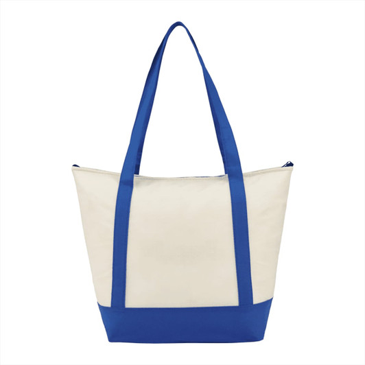 A cream and blue non-woven tote cooler bag with two blue handles and a zip closure. It has a logo on one side.