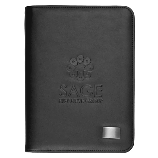 A5 zippered compendium in black leather with a logo and metal badge on the front.