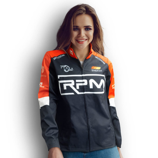 A softshell jacket in black with orange and white accents, featuring a logo on the chest and sleeves.