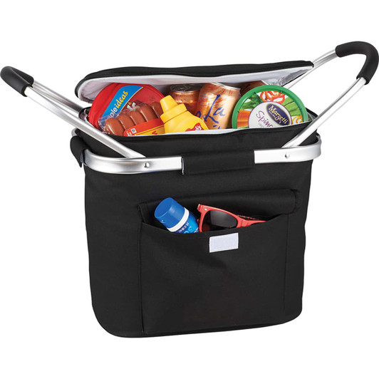 A black cooler bag with a silver handle, filled with various food items and drinks, featuring a front pocket.