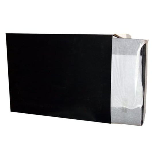 A black zipped compendium featuring a calculator, partially opened to reveal contents. It has a logo on the exterior.