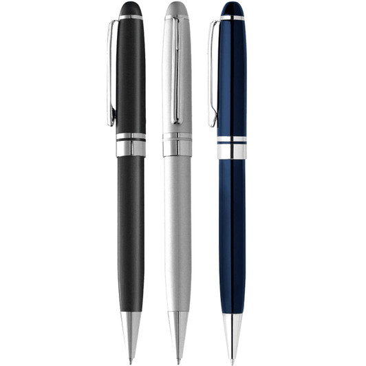 A collection of three Bristol Twist ballpoint pens in black, silver, and blue, each featuring a sleek metal design and clip.
