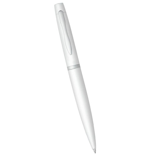 A twist action pen in white, featuring a sleek metal design and a clip for easy attachment.