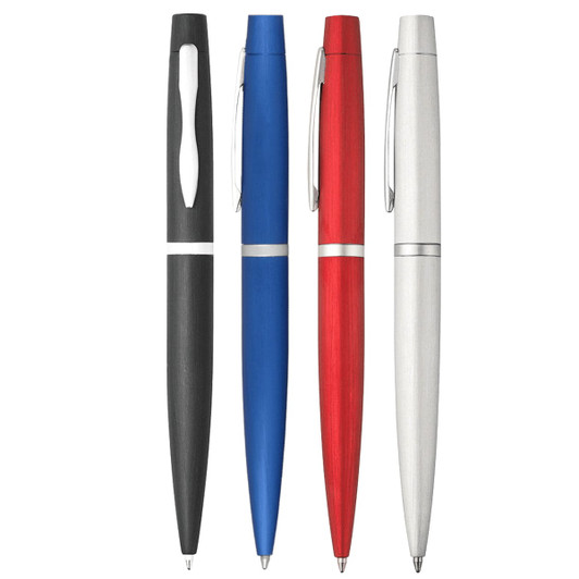A set of four twist-action metal pens in black, blue, red, and silver, featuring a logo on each pen.
