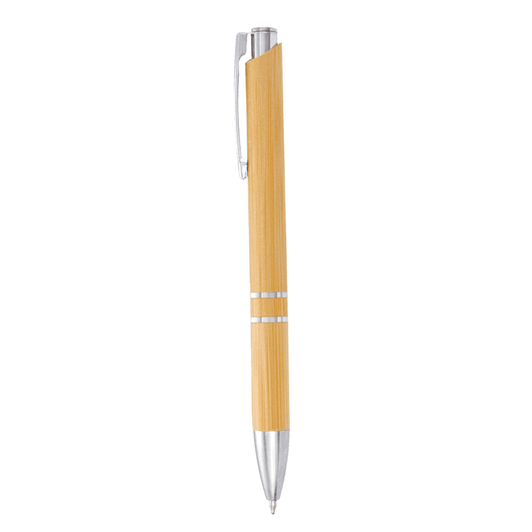 A bamboo ballpoint pen with silver accents and a sleek design. The pen features a logo on its barrel.