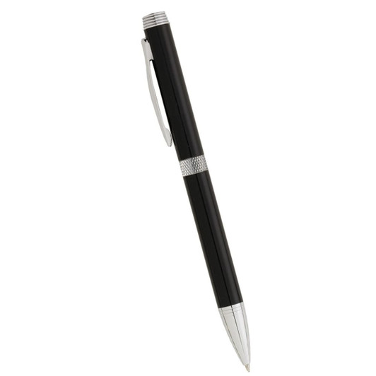A black metal ballpoint pen with silver accents and a twist action mechanism. It features a clip and a textured grip.