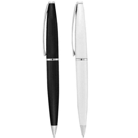 A set of two twist action pens, one in black and the other in white, featuring silver accents and a logo.