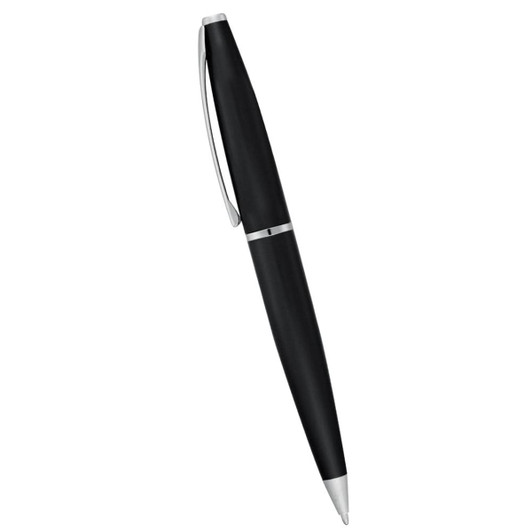 A sleek black metal pen with a silver clip and accents, featuring a twist action mechanism.