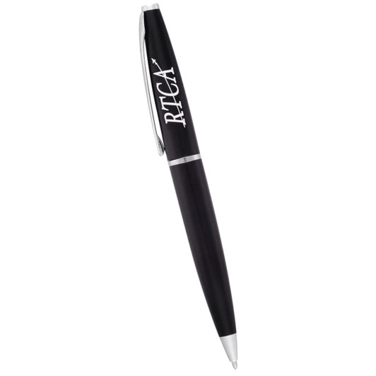 A black metal twist action pen with a silver clip and branding on the barrel.