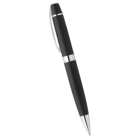 A black ballpoint pen with silver accents and a sleek design, featuring a branded logo.