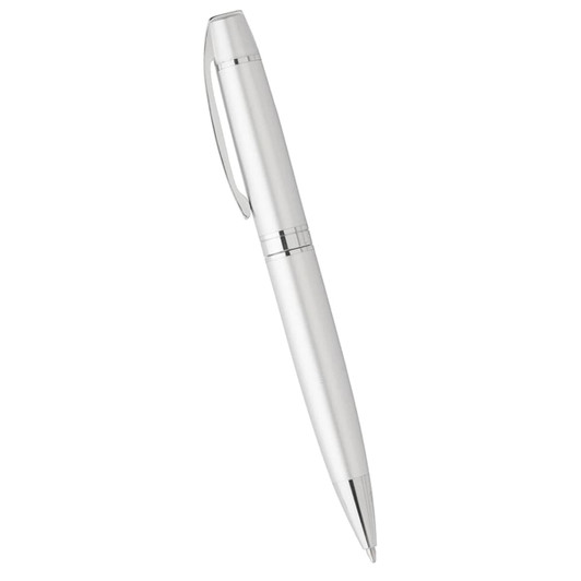 A silver ballpoint pen with a sleek design and chrome accents. Features a branding logo.