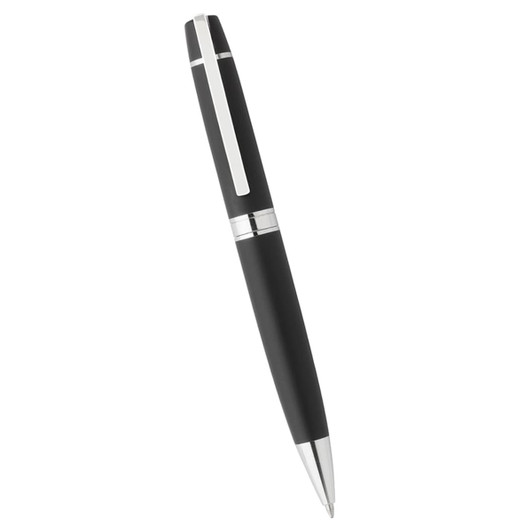 A silver and black ballpoint pen with a sleek design and branding on the body.