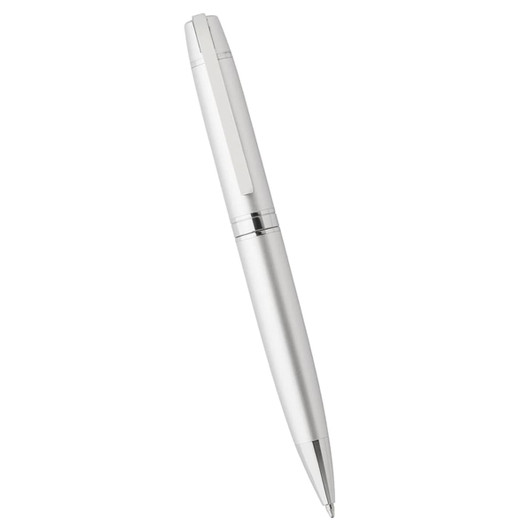 A silver ballpoint pen with a metal finish, featuring a clip and chrome accents. It has a logo.
