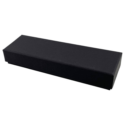 A black cardboard box designed to hold two pens, featuring a sleek and simple design.