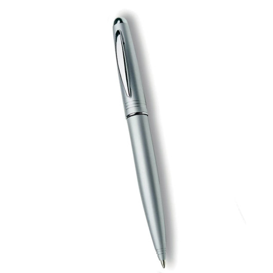 A sleek silver ballpoint pen with a polished finish and a clip for easy attachment. It features a branding logo.