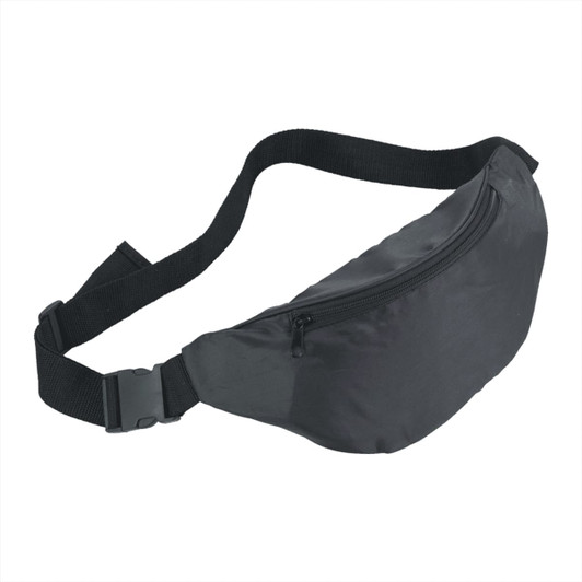 A black bum bag with a zippered compartment and an adjustable strap. It features a logo on the front.