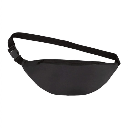 A black bum bag featuring a curved design and an adjustable strap, with a zippered compartment and a logo.