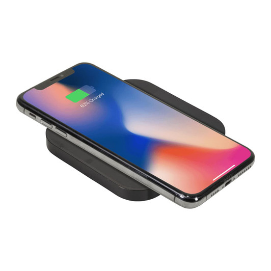 A wireless charging pad in black, featuring a smartphone displaying a charging indicator on its screen.