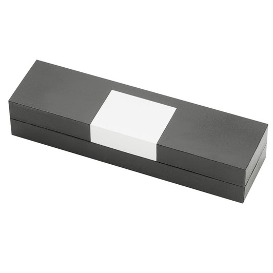A sleek black pen box with a white rectangular accent. Features a logo on the surface.